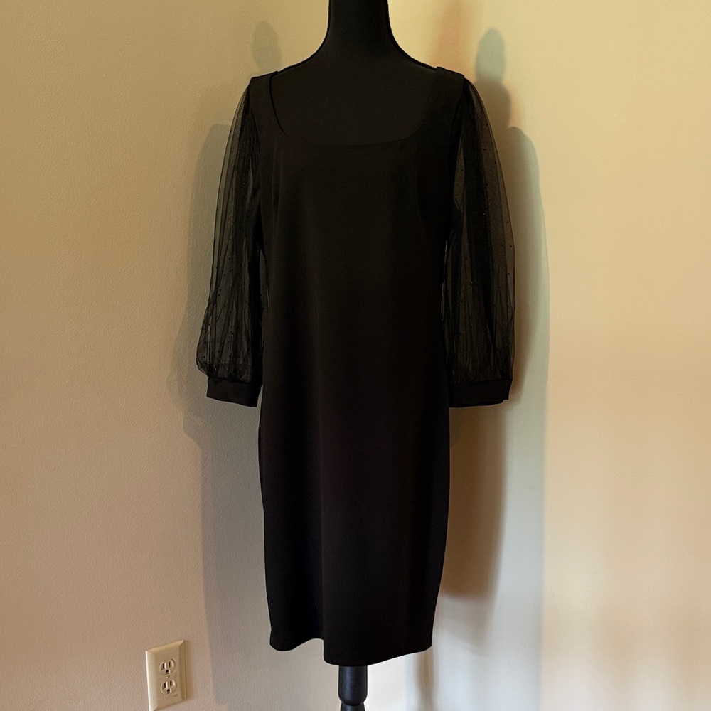 Calvin Klein Black Sheer-Puff Sleeve Square Neck Midi Dress